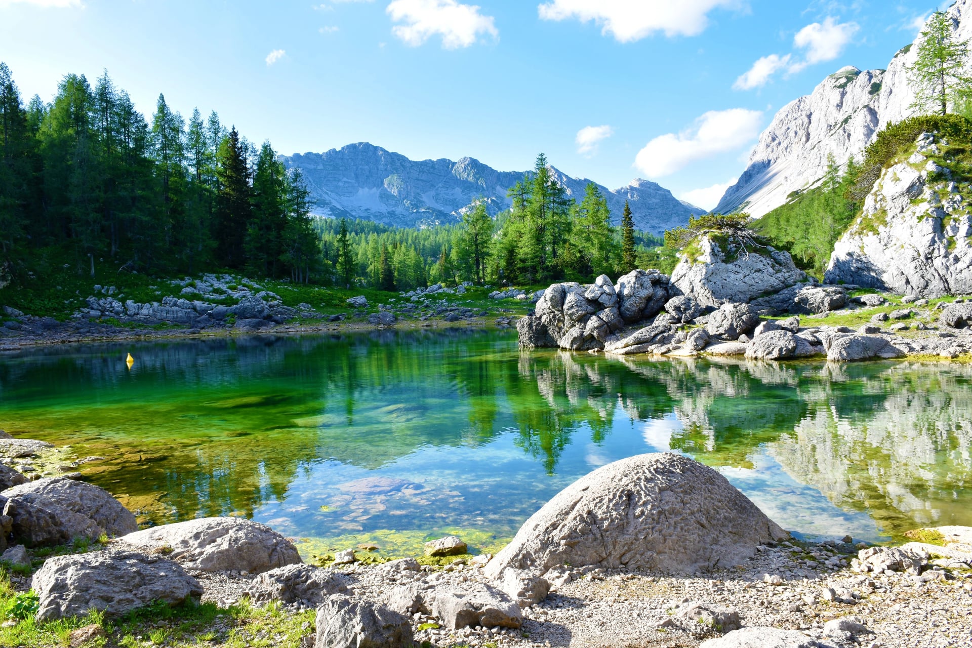 Malersicher Blick auf den Doppelsee oder Dvojno jezero im Triglav-Seen-Tal in den Julischen Alpen und im Triglav-Nationalpark