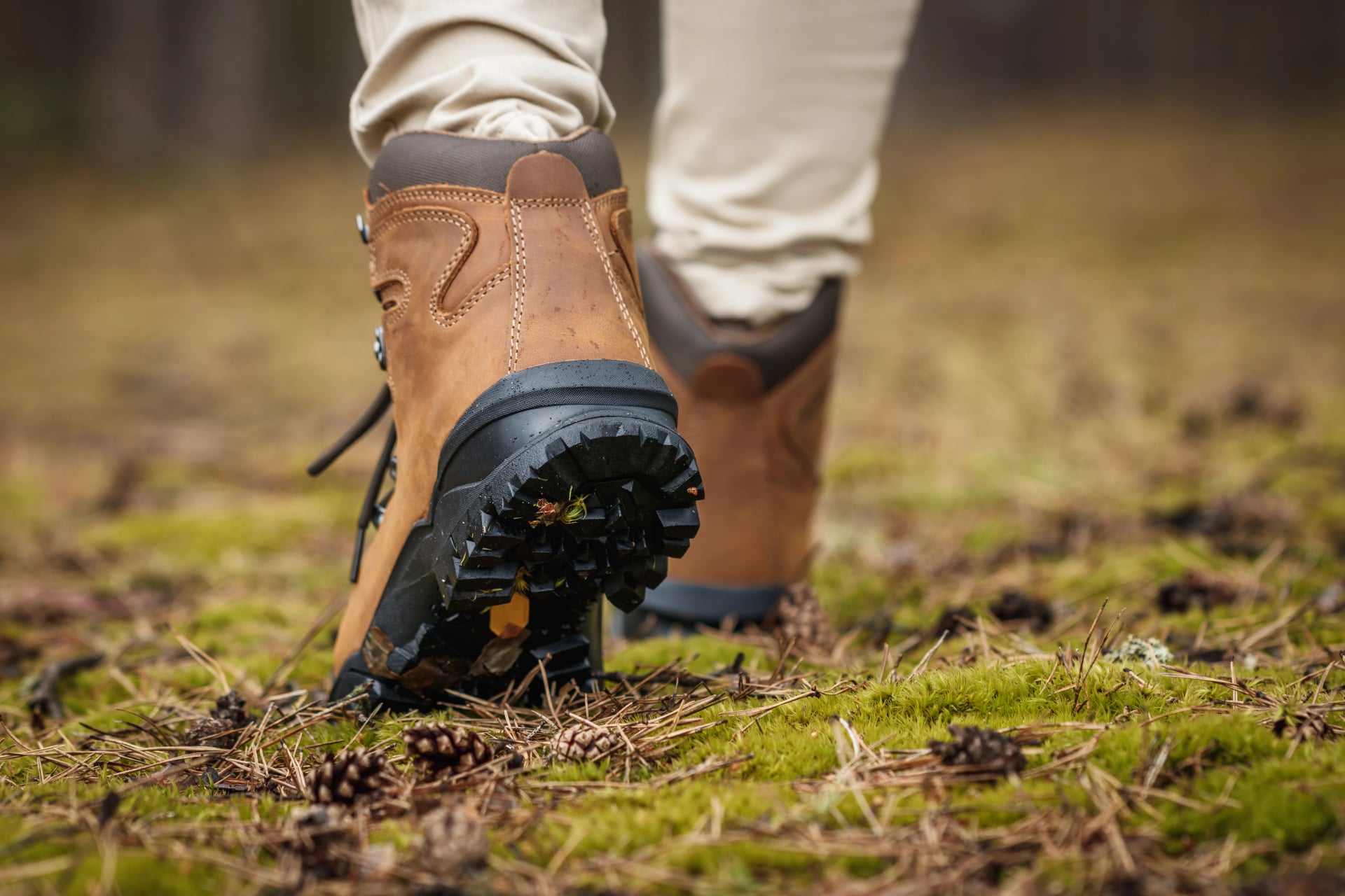 Tourist with hiking boots walking on footpath in forest. Trekking trail in woodland. Waterproof leather ankle boot